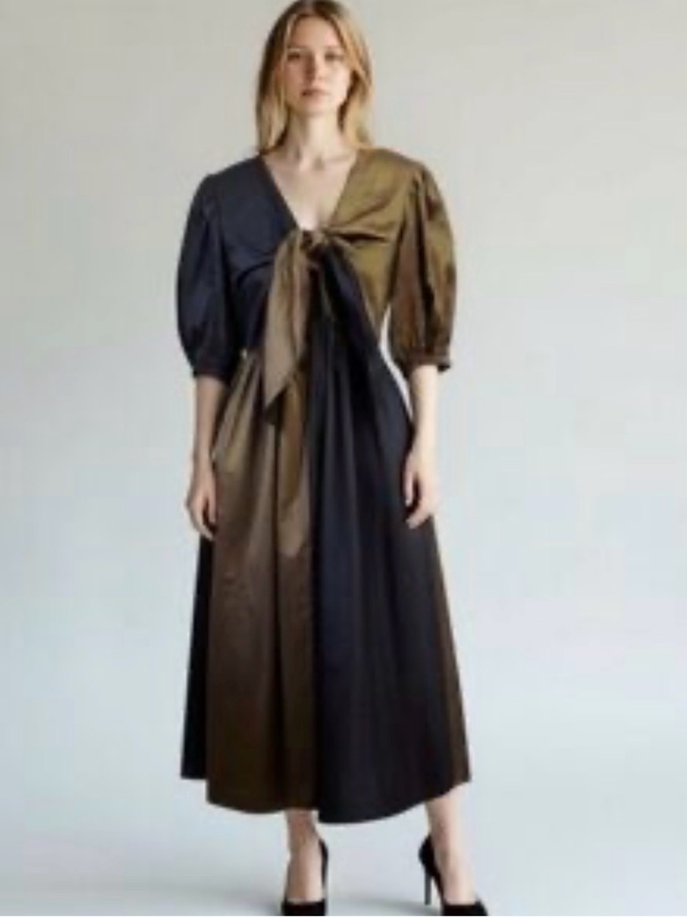 CROSBY by Mollie Burch Two-Tone Black Chocolate Brown Puff Sleeve Midi Dress